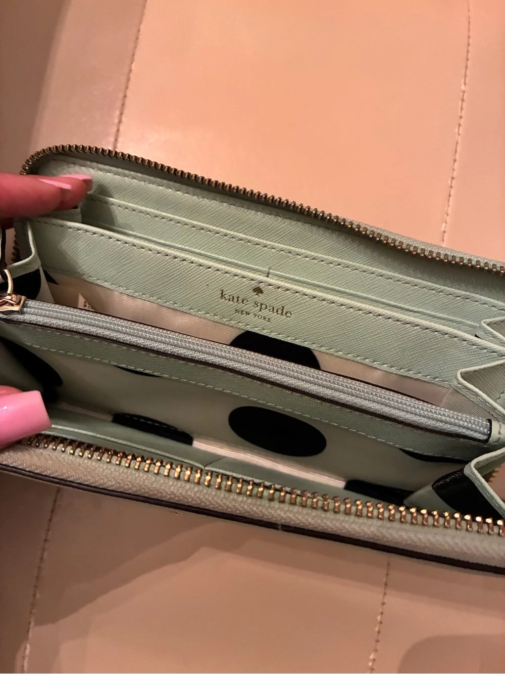 kate spade mint green zip-around leather wallet with gold logo